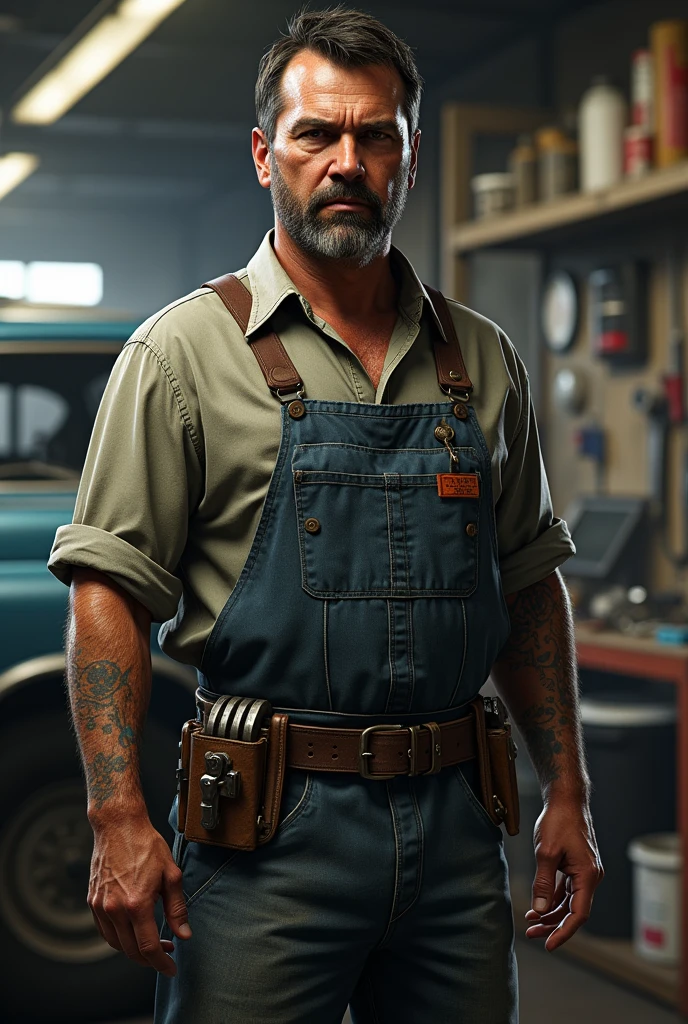 Create an image of a mechanic character in the style of GTA V, with the game’s realistic yet slightly exaggerated look. The mechanic should have a rugged, hardworking appearance, with sharp, detailed facial features and a tough, no-nonsense expression. He should be dressed in a classic mechanic's uniform—grease-stained coveralls, heavy boots, and a tool belt around his waist. To add to the gritty, urban vibe, include details like tattoos, a wrench in hand, or a bandana. The background should depict a gritty, urban garage or workshop, fitting the detailed, immersive style of GTA V.