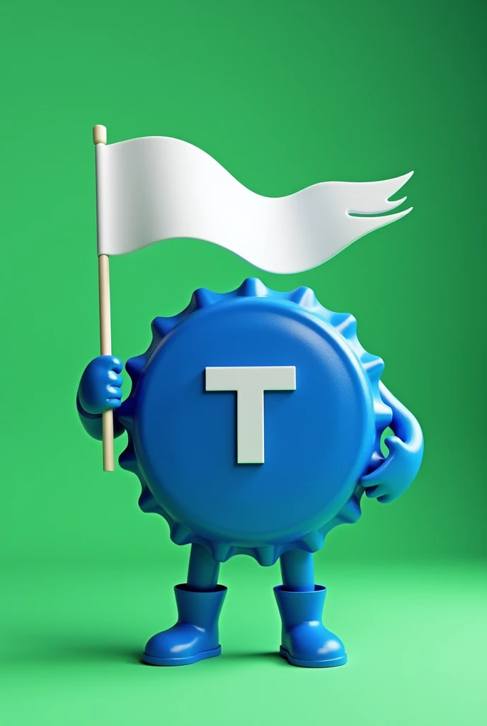 Create a mascot for a politician in the shape of a blue bottle cap as if he were a superhero, with a T on the chest, holding a white flag, running for mayor, with 3D green background