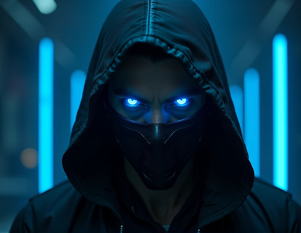 Absurd resolution, High resolution, (artwork: 1.4), super detailed, (((detailed face, detailed expression)) male character in hood, cyberpunk, blue neon, mask, dark, blue neon eyes
