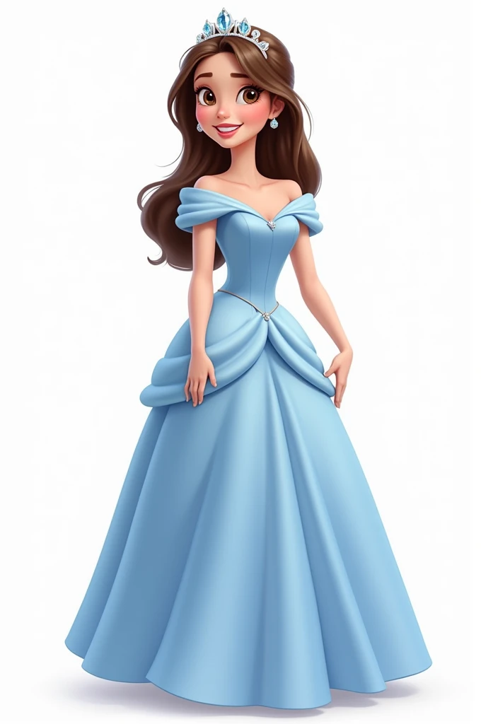 Create a drawing of a princess with dark brown hair, smooth and shiny, falling gently on the shoulders. The princess must have fair skin and be dressed in a light blue dress., classic style, with a full skirt that flows down to the ankles. Add a delicate crystal tiara to your head, elegantly positioned. The princess must be standing, with a smiling and charming expression. The background must be completely white, and the overall style of the image should be reminiscent of the high-quality look and detailed finish typical of Pixar films.