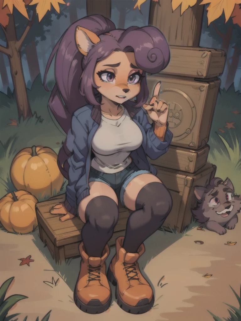 furry anthro bandicoot girl, dark purple hair with a voluminous ponytail, dark-blue sports jacket,dark brown shorts, black tights and boots. Cozy autumn atmosphere, , the forest, autumn.