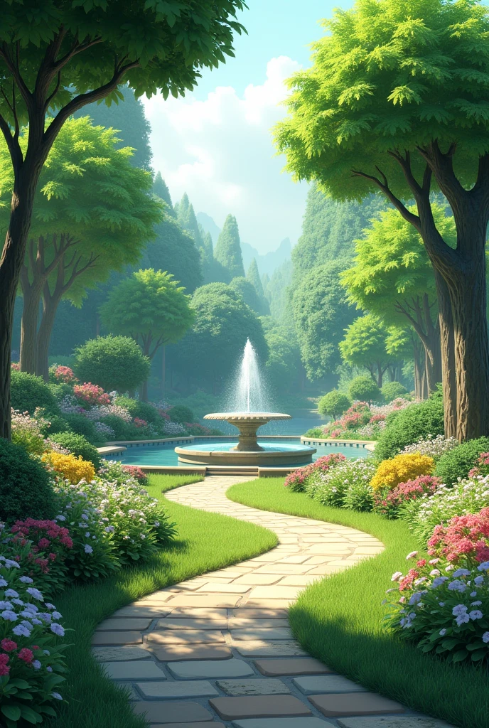 A garden with a walking track in the middle with a water fountain