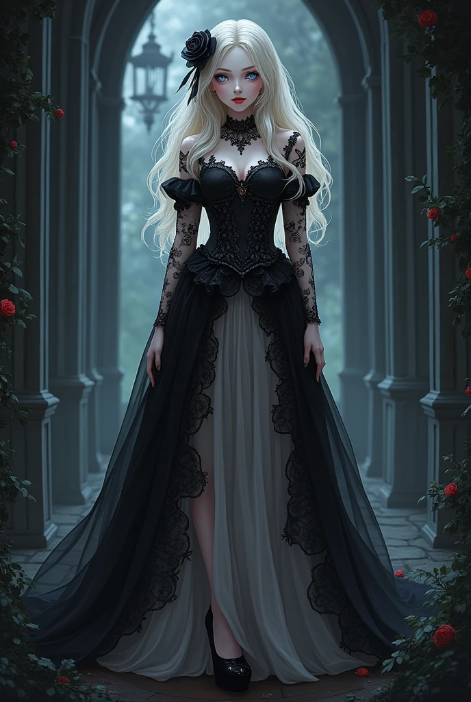 Dark anime fantasy art, fantasy art, goth art, a picture of a female vampire, exquisite beauty, full body shot, dark glamour shot, pale white skin, dark blond hair, long hair, wavy hair, blood red lips, glowing grey eyes, she wears a (white lace dress: 1.3) exquisite, beautiful, half sheer dress, ((white lace: 1.5)) dress (intense details, Masterpiece, best quality: 1.5), ArmoredDress, the roses are imprinted on the dress (black: 1.4) black roses betmd, high heells, dark castle porchm, dark, black and color