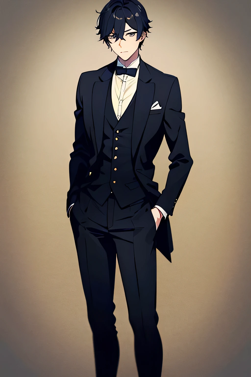 a man in a somewhat formal black suit with short, mustard-colored, light-colored hair with a tender look and standing. I need to see the entire body and that the suit jacket only reaches the waist with high quality that is the image and that the eyes are not deformed and that the face in the image is clear with a Japanese anime style that the image is seen in 4k and that it is seen with a lost look