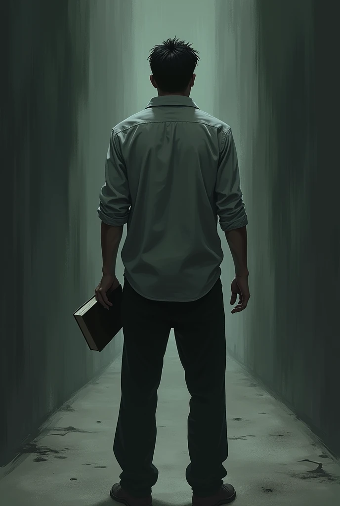 a man wearing shirt pant standing showing back. his face can't be seen.he holdings a book in his one hand. horror illustration