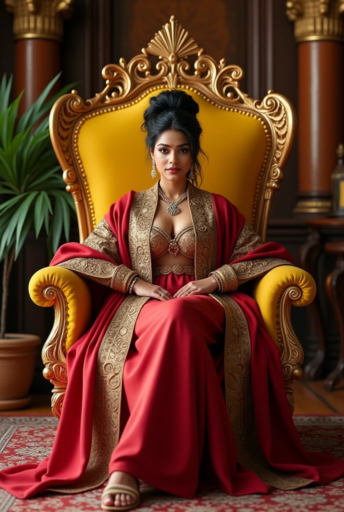 wearing black full body Academic regalia (big breasts 2.2,butt ) beautiful sri lankan wealthy girl foward sit in chair( indian yellow)