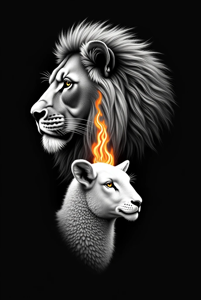  Tattoo of a lion&#39;s face looking to the left. A lamb&#39;s face below looking to the right and a flame between them.