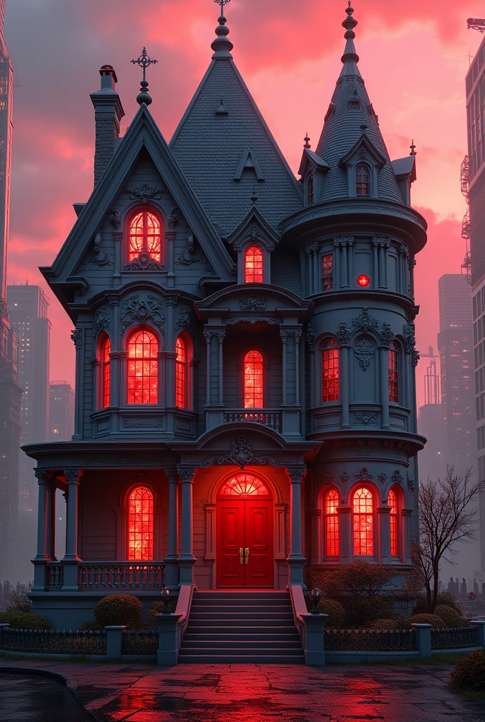 Victorian style cyberpunk house with red door and windows.