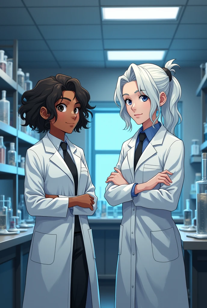 Two scientists, one with wavy black hair, brown skin and the other straight hair, white skin with lab coats and science background
