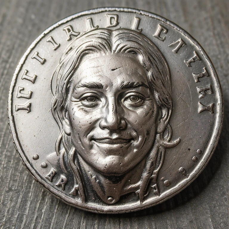 (Front view) of a realistic old silver coin with a beautifully grabbed face of a smiling ancient man on it, the coin has the word ''JINX'' on it