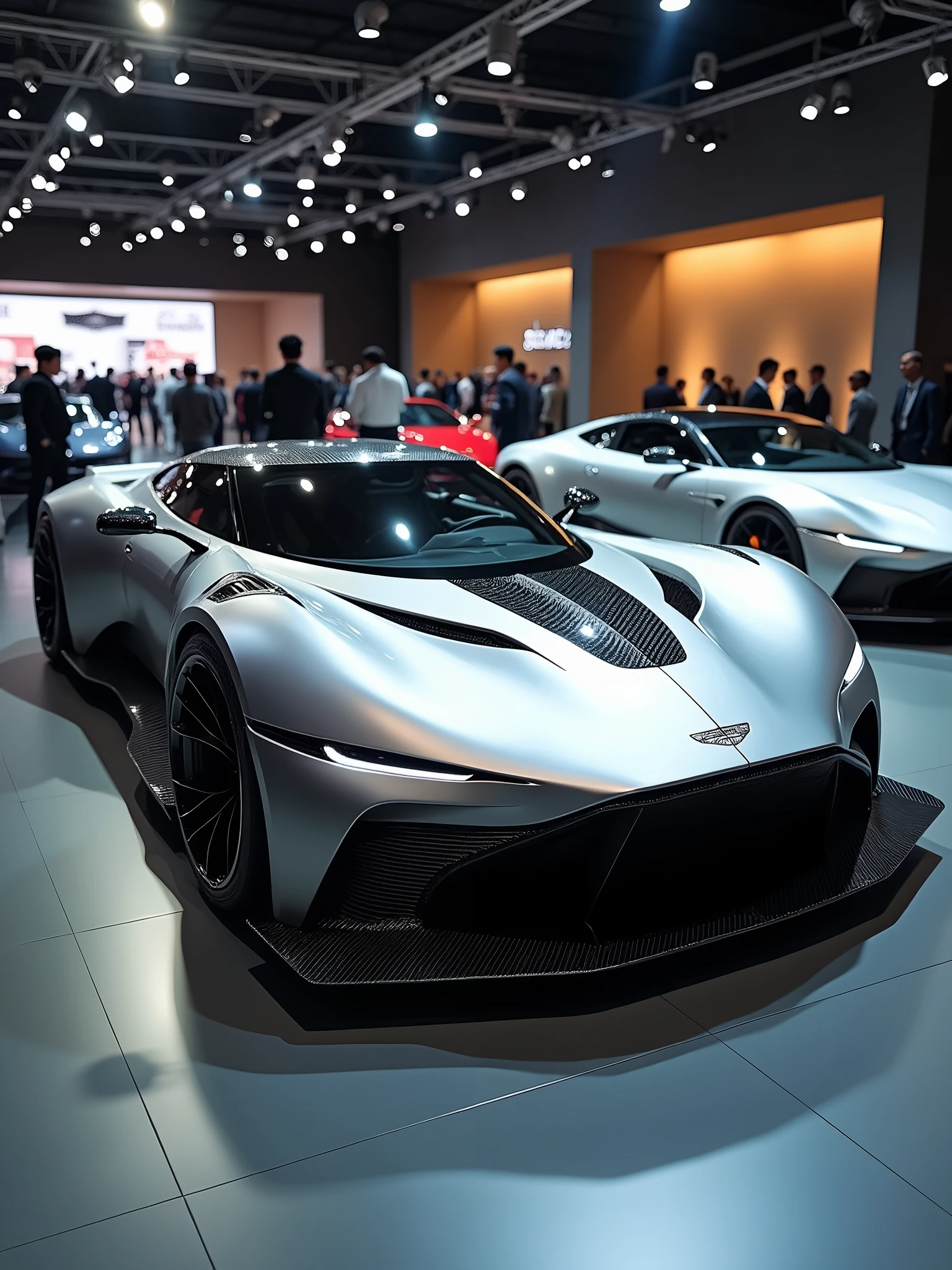 Aston Martin hypercar prototype in auto expo, include hyper realism, futuristic material, cutting edge design, hd, 4k.