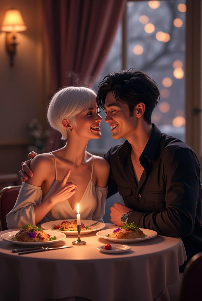 A couple at a restaurant table having dinner, they are laughing and happy, the woman has very short white hair and violet eyes, the man has black hair and wears a black dress shirt