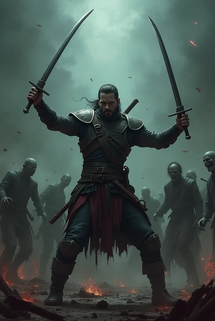Cultiest with two sword behind zombies and he slaughter a zombie with his swords