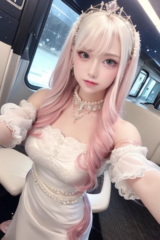  (8K, Top quality, masterpiece:1.2), (Realist, Photorealistic:1.37), Super Detail, A girl,), (Very detailed), (Beautifully detailed eyes), (Highest quality), (Very detailed ), (masterpiece), (Delicate face),20 years old, ,1 girl, ((Pink Hair,Long hair)), Medium breasts, wearing clothes, Perfect lighting, rest, (Elegant white dress:1.5), Goddess-like, (Long moving train:1.3), (Luxurious silk:1.2), (Shiny satin:1.2), (Exquisite organza:1.2), (Exquisite embroidery:1.2), (Dazzling pearls:1.2), (shiny sequins:1.1), (Off-the-shoulder corset:1.1), Romantic, (Thin waistband:1.1), (Elbow-length long gloves:1.1), (Exquisite crown:1.1), statement earrings, Pearl Necklace, (Stilettos:1.1), Transparent socks, rest, (Elegant Posture:1.2), ( Upper body to thigh:1.1), (long Pink Hair:1.2), wave, (Smile:1.1), (Crab constellation:1.3), (Mysterious night sky:1.4), (Soft lighting:1.2), (sharp contrast:1.2)
