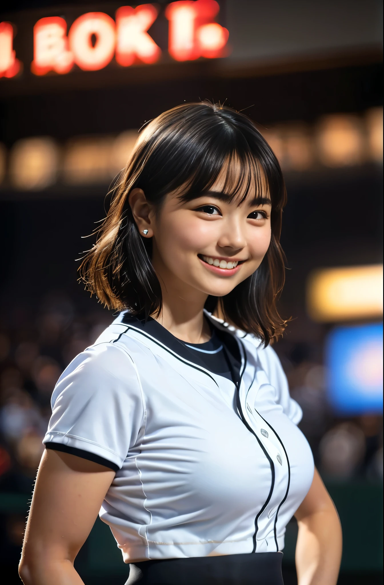（8k、Raw photography、Highest quality、masterpiece：1.2),(Black Hair、Dark Eyes:1.9),(:1.7)、View your viewers,Front view,White skin,(Baseball uniforms:1.4)、(Tight waist:1.6)、(Clothes that accentuate the shape of the breasts:1.4)、(Big Breasts :1.6)、Slim figure、Ultra-high resolution,beautiful,beautiful fece,(One person、No background:1.9),whole bodyボディー,Japanese women,（reality的：1.37）、Photon Mapping,reality、(Baby-faced and cute: 1.2)、(Cute Smile: 1.8)、(Round face: 1.8)、Radio City、Physically Based Rendering、Depth of field rally background、photograph, (:1.8),（:1.6）,whole body、Great quality