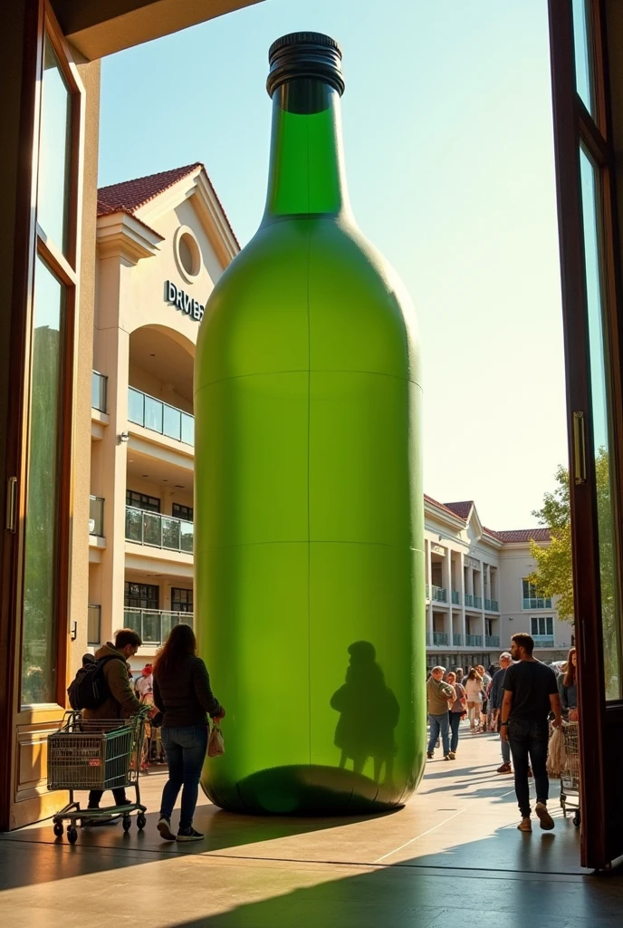 a 3 meter tall inflatable olive oil bottle, next to the door of a supermarket, customers entering with the shopping cart, big doors, photo taken from the outside, sunshine light, high qualiy.
