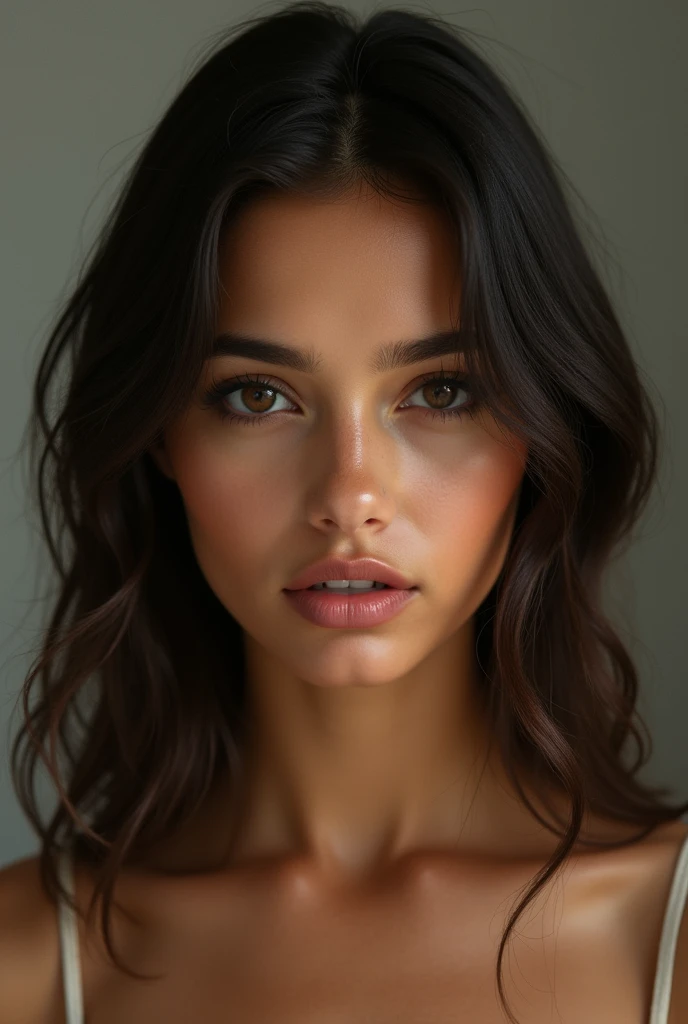 A brown woman with straight shoulder length hair and full lips, slanted eyes