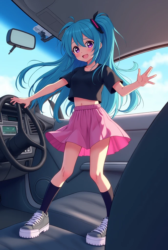 Girl with long blue hair, black t-shirt, pink skirt, black knee socks and chunckey sneaker
in a car pumping the Pendel belly-free