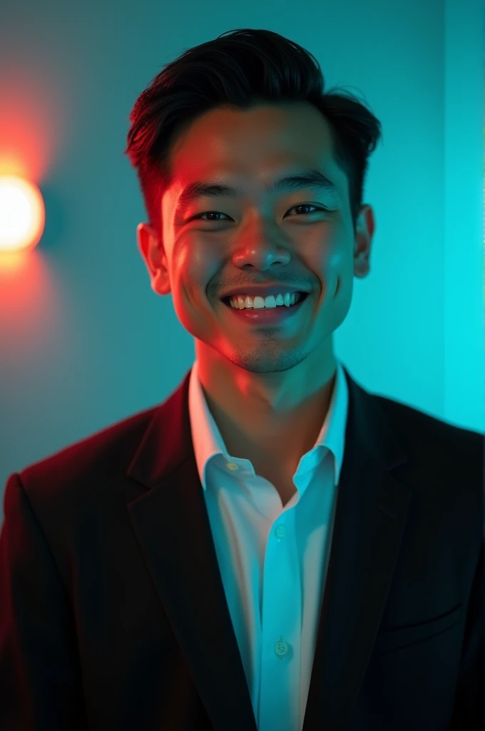 A young man with dark hair and a confident smile. He is dressed in a black blazer over a white shirt. The man is positioned against aqua colour backdrop with a subtle red lighting on the left side. and he posing for Linkedin profile