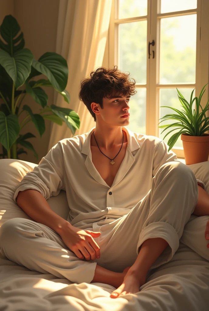 (photorealism:1.2), beautiful boy, sitting on bed, wearing loose off-shoulder top, pajama pants, indoors, soft lighting, plants in background, window with sunlight, cozy room, relaxed pose, realistic, intricate details, warm colors, by Greg Rutkowski, by Alphonse Mucha