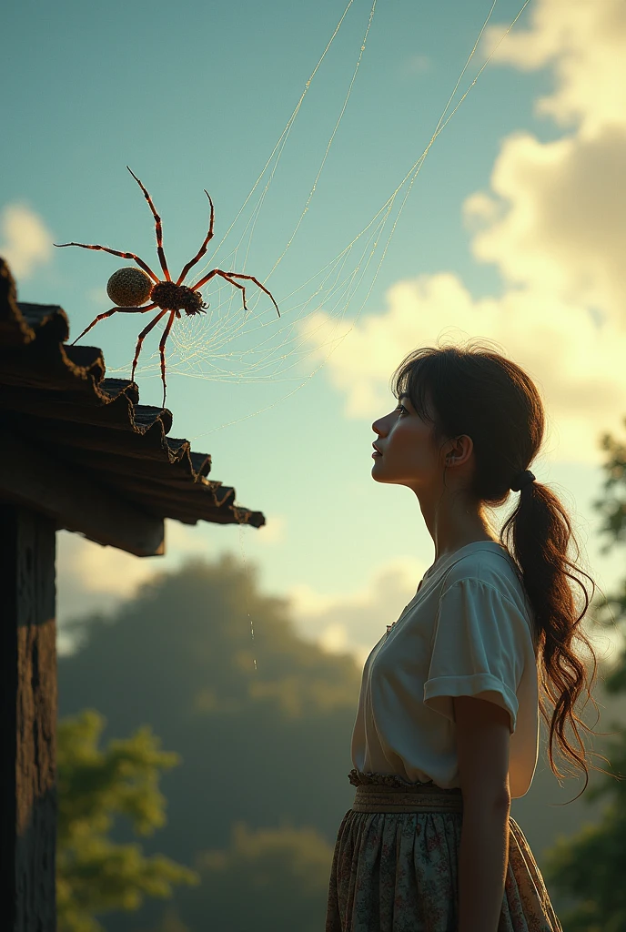 Woman watching a spider weaving its web on the roof