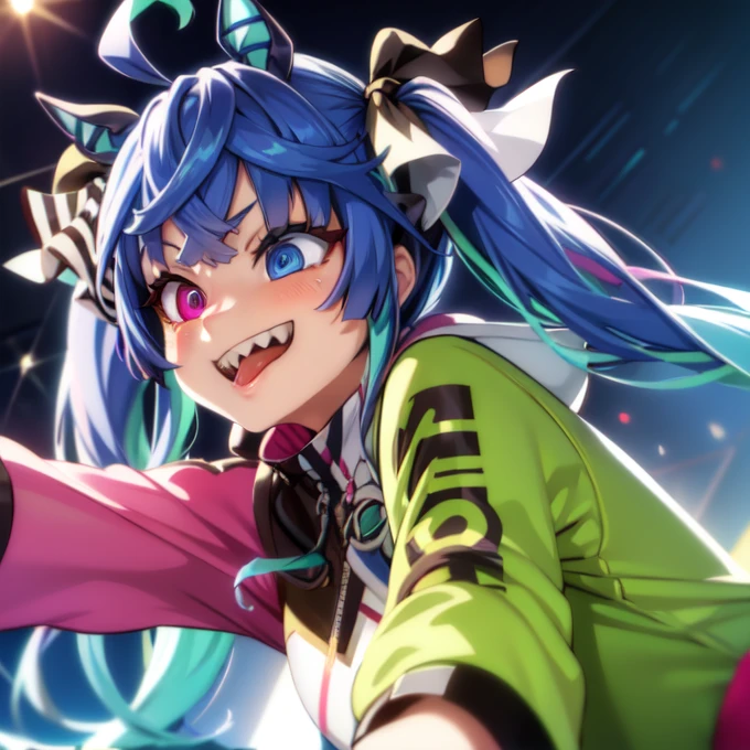 (​masterpiece,top-quality,hight resolution,Unity 8k,extremely details CG:1,Best Picture), ((cute)), illustration in the style of asanagi,live stage,perfect lighting,smiley face, grin, Tongue out, Twin_Turbo_Umamusume,(aqua hair, twintails, heterochromia, purple eyes, blue eyes, sharp teeth),an14, SimpleNegativeV3,