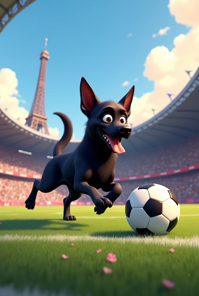 GENERATE A BLACK DOG AS IF IT WAS PLAYING FOOTBALL AT THE 2024 PARIS OLYMPICS WITH DISNEY PIXAR STYLE DRAWING