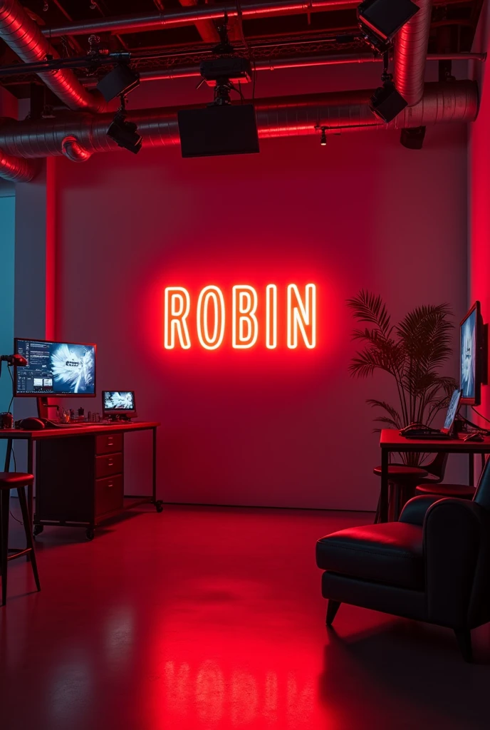 creat an image of YouTube studio room with a subtle neon red board with statement in bold "Robin" . make sure that none of the letters in the text is misspelled . 
