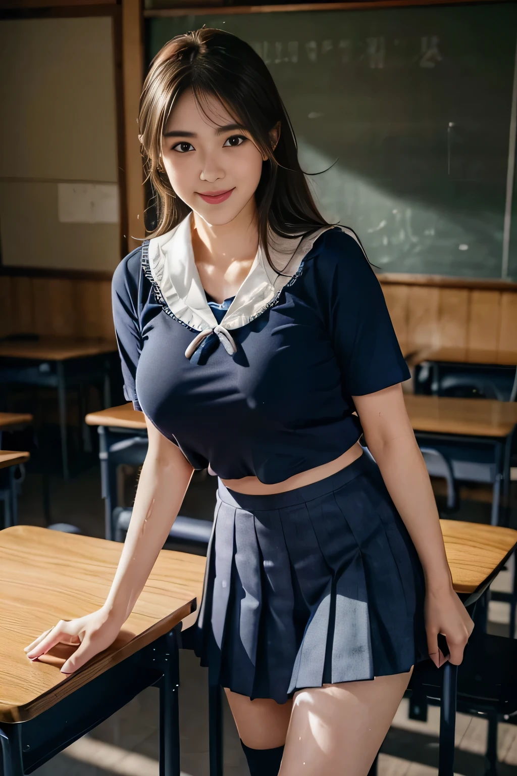 ((Beautiful Japanese Girls:1.3)) ((School uniforms:1.4)) (( shot:1.5)) ((high school)),((Dark Blue Skirt:1.3)) ((In the classroom:1.3)) ((thin_fabric:1.4)) ((Random  poses:1.3)) ((Sweaty:1.5))((Blushing:1.4)) ((:1.4)) ((close:1.2)) Highest quality,masterpiece,Ultra-high resolution,(Realistic:1.4),RAW Photos,(Real skin texture:1.3),(Film Grain:1.3),Panorama,Portraits,Very wide shot,Tight waist,Cowboy Shot,(In the Dark, Deep Shadow, Modest, Cold Light,) night,(()),Tears flow,,Dust,Tyndall effect,(Performance),One person,Beautiful and detailed eyes and face,White Jabot,Brown eyes,((Brown Hair:1.2)) ((whole body:1.3)) ((smile:1.3))