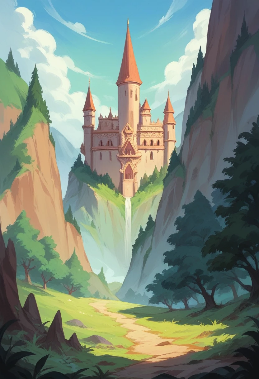 a beautiful and majestic castle in the middle of a forest valley surrounded by mountains with summer sun in the sky