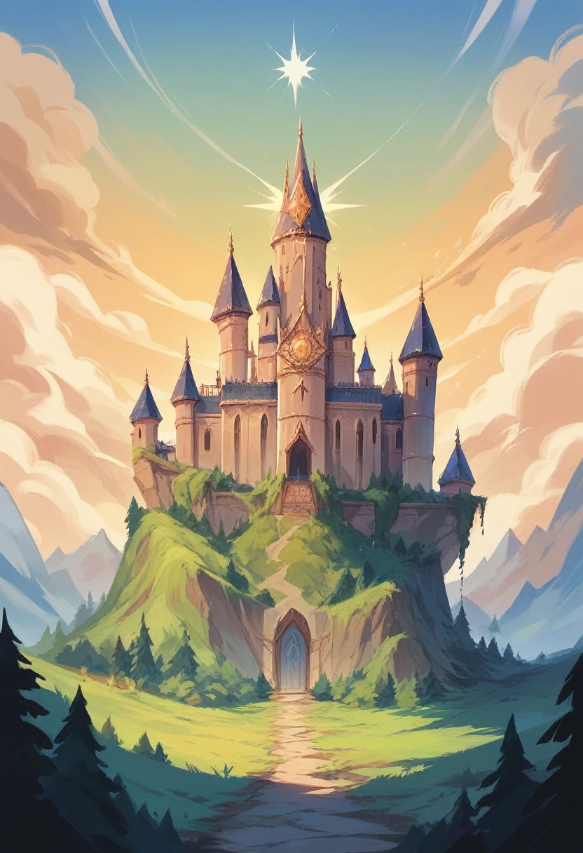 a beautiful and majestic castle in the middle of a forest valley surrounded by mountains with summer sun in the sky