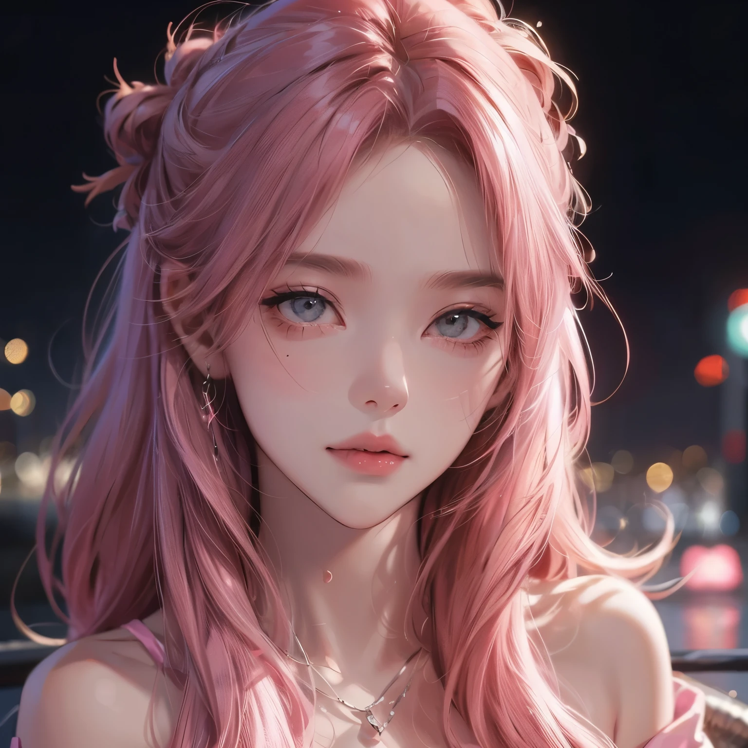 close,character, fictional, woman, consists of fragments of pink, cinematic, oblique perspective, portrait, nighttime, on a rooftop, pink colored clothes