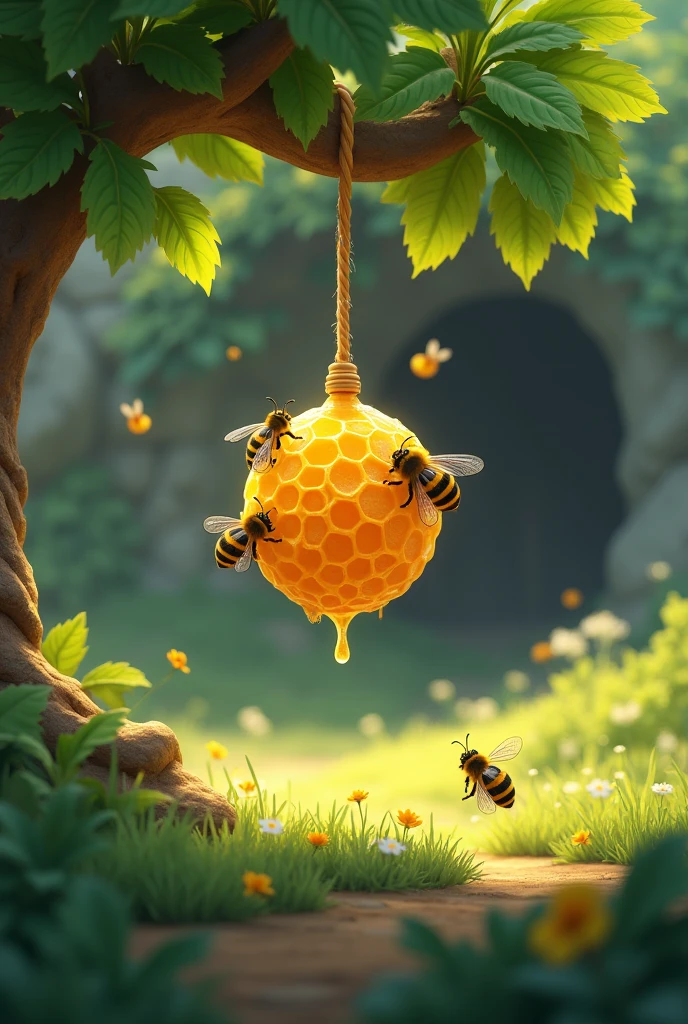 generates an image outside the cave with a small honeycomb hanging on a green tree next to bees rolling around