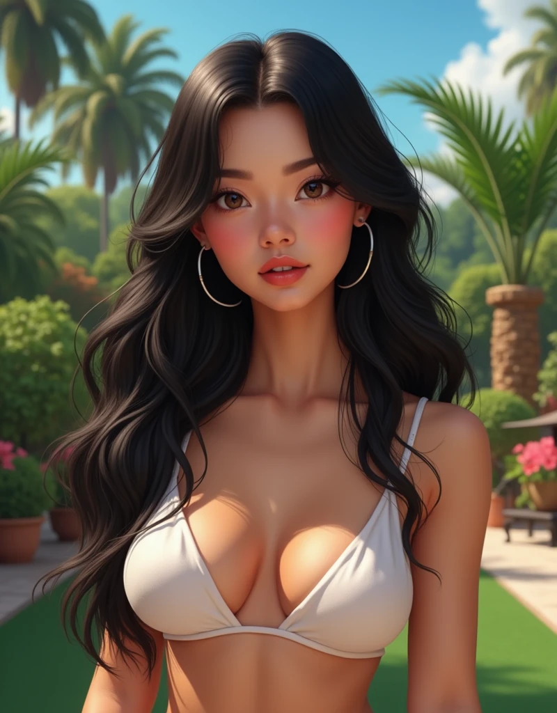 Créez une image ultra réaliste d'une jeune fille latine de 23 ans qui a le même corps que Sophie Rain. Elle est exceptionnellement belle avec des traits harmonieux et sensuels. Ses cheveux sont longs, ondulés et d'un noir profond, encadrant un visage délicat aux yeux bruns expressifs. Sa peau est lumineuse, avec une teinte chaude, légèrement bronzée, montrant des détails de texture de peau réalistes comme des pores clairs. Elle a des lèvres charnues et un sourire charmant qui révèle des dents blanches et alignées. Son corps est athlétique avec des courbes généreuses, mettant en valeur une silhouette élégante et sensuelle. , avec un look séduisant. Ajoutez des détails réalistes tels qu'une ombre subtile des cils, une légère brillance sur les lèvres et une texture de cheveux visible jusqu'aux mèches individuelles. Elle doit être nue, avec une attention particulière portée aux détails réalistes de son corps, tels que la texture de la peau, la lumière subtile et les ombres naturelles qui épousent sa forme. Assurez-vous que la nudité est représentée de manière artistique et respectueuse, mettant en valeur la beauté naturelle et la sensualité de son corps sans être vulgaire. Utilisez une qualité photo de très haute qualité. Le jardin doit être luxuriant, avec des plantes tropicales, des fleurs colorées, des palmiers et un ciel bleu en arrière-plan. Incluez des éléments de décoration tels qu'un banc en bois, des chemins en pierre et des parterres de fleurs, ainsi que des éléments de jardinage tels que des pots de fleurs et des arbustes bien entretenus.