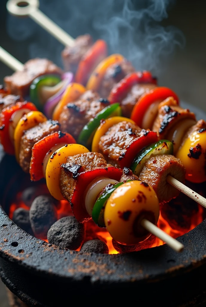 Skewers roasted on an iron barbecue