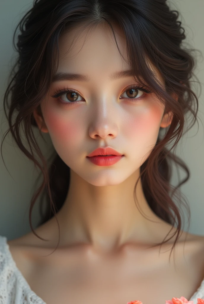 Girl she has long eyelashes ,she has small rose lips, she has curly and strat long hair ,her eyes so beautiful ,she has cute smil