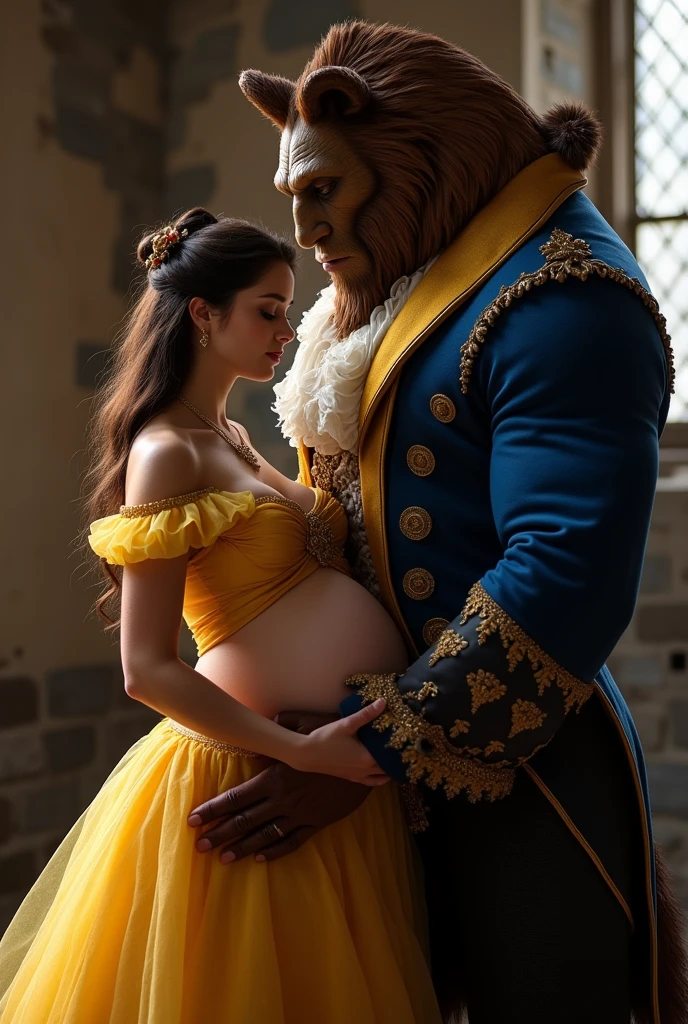 A stunning portrait of Belle from beauty and the beast, The beast is holding her, She is pregnant, holding her belly, location is Gothic Castle, young and beautiful, hyper realistic, real portrait, backlit, exquisite features, cleavage, sexy, seductive, natural light, soft light, nine months pregnant, large belly, embodiment of love, bare belly, the beasts facial features are almost human, the beast is eight feet tall
