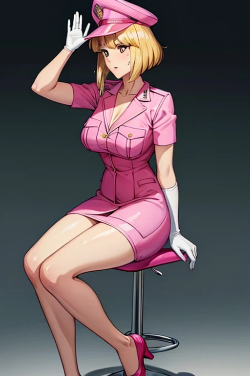 nsfw:1.5, 10 heads, anime style, policewoman, (female police officer), pink uniform, pink high heels, old policewoman hat, very short mini skirt, erect nipples, cleavage: 1.5, ((show her) breasts )), ((Dirty face: 1.3)), (Beautiful saggy medium breasts: 1.5), (Mature woman), Naka Reiko, blonde hair,, (Brown eyes: 1.2),, (Medium breasts: 1.5 ),shiny,hair,((alone)),((masterpiece)),((highest quality)),perfect anatomy,slim waist,perfect image,8k ultra high definition,(attention to detail: 1.5),highly detailed face Bottom, sitting on a chair, exposing long legs. (Full body: 1.1), (Look at the front: 1.1), one hand raised and waving (palms open and together). (Hands wear white elbow latex gloves), super detailed, absurd, high resolution, (shiny hair), background classroom, ((exquisitely unhappy)), information, side view