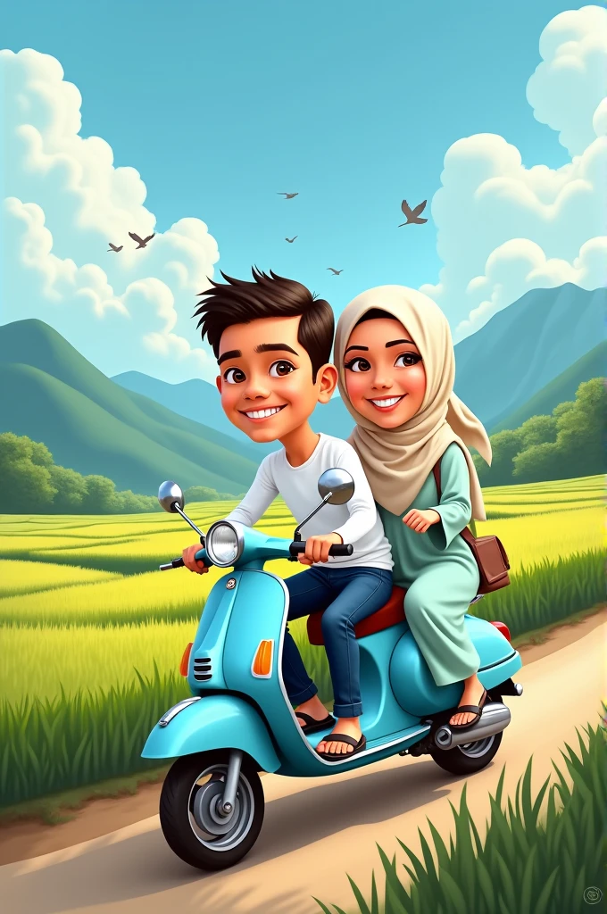caricature image, 2 people riding a Vespa, the man in front is wearing a white shirt, jeans and black sandals, behind the Muslim woman is wearing a cream headscarf and a light blue robe, the rural background is rice fields and mountains, daytime atmosphere , the sky is clear and in the sky there are birds flying