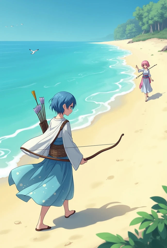 Create an anime-style elf with short, shoulder-length hair in blue, blue eye, with a bow and arrow on his back. Have her walking down a beach and waving to a pink-haired, pink-tailed series.