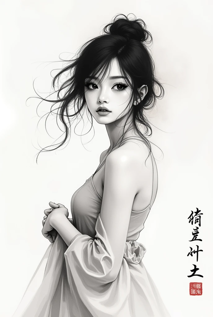 Girl，black and white painting，Outline with black ink，soft lines，通过墨迹的浓淡对比展现Girl的表情和姿态，The background is simple.，emphasize the light, shadow and space，Lots of white space，Use thick, light inks to create light and dark shifts and layers.，Choose the correct ink color，Like deep black、thick gray、light coffee, etc.，express different situations and atmospheres，Control the gradient and transition of ink colors through ink moisture and consistency.，black and white tones， 中国传统ink painting, chinese traditional art, ink painting, 中国ink painting, chinese painting style, with Chinese writing next to it and written in Chinese "Inner beauty is more important than outer beauty" 