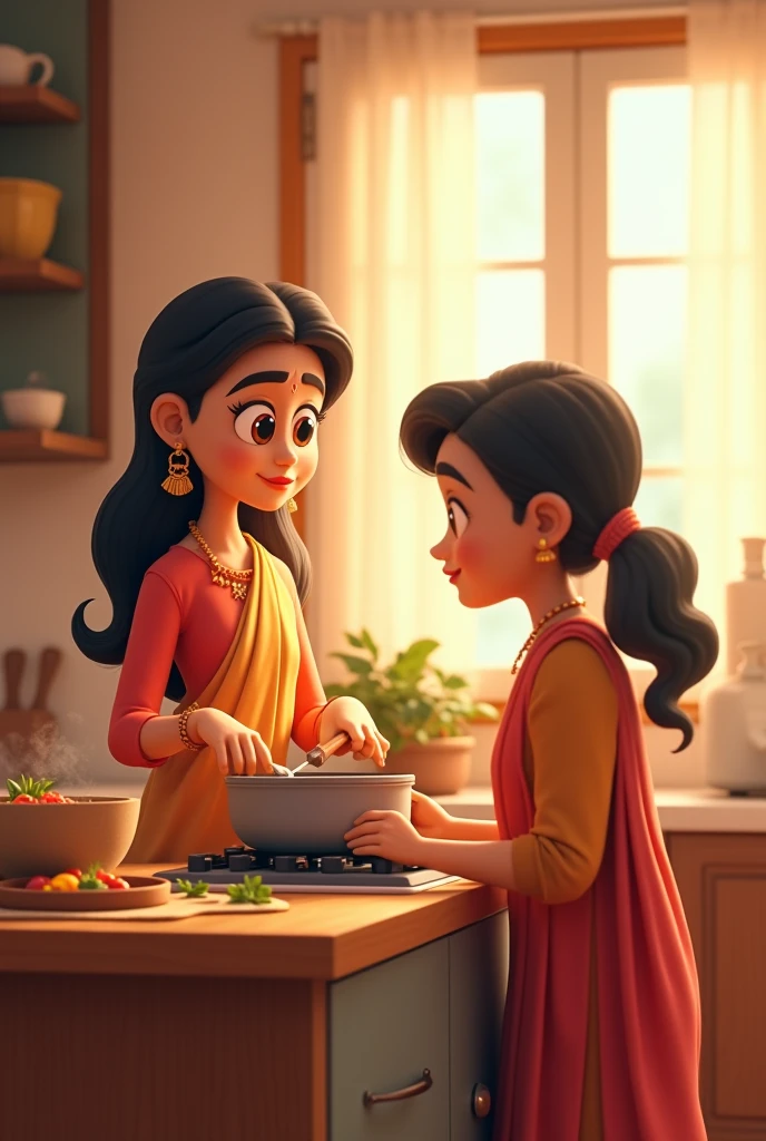 Creat cenematic cartoon style "The Saas is cooking a meal, looking at the Bahu with a loving expression.


