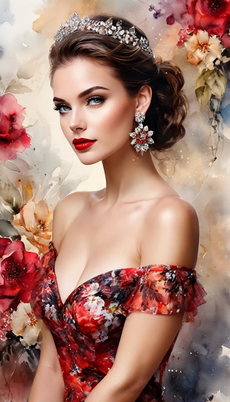 Watercolor-based paint, (((photo from the knees up))) a masterpiece. beautiful realistic woman, detailed face, crystal clear amber eyes, red lipstick, flowing brown hair, chiaro-dark side light, delicate earrings and necklace, black and red organza floral dress, exposed shoulders, flower background, stunning image, toned background bokeh background, UHD.