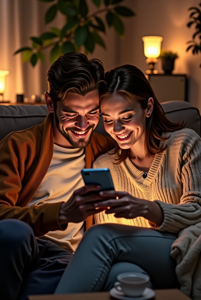 generate a couple cuddling on a sofa scrolling through pictures of their friends partying on a saturday evening through one phone
