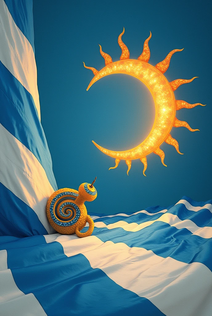 curled sun in corner with blue and white striped flag background