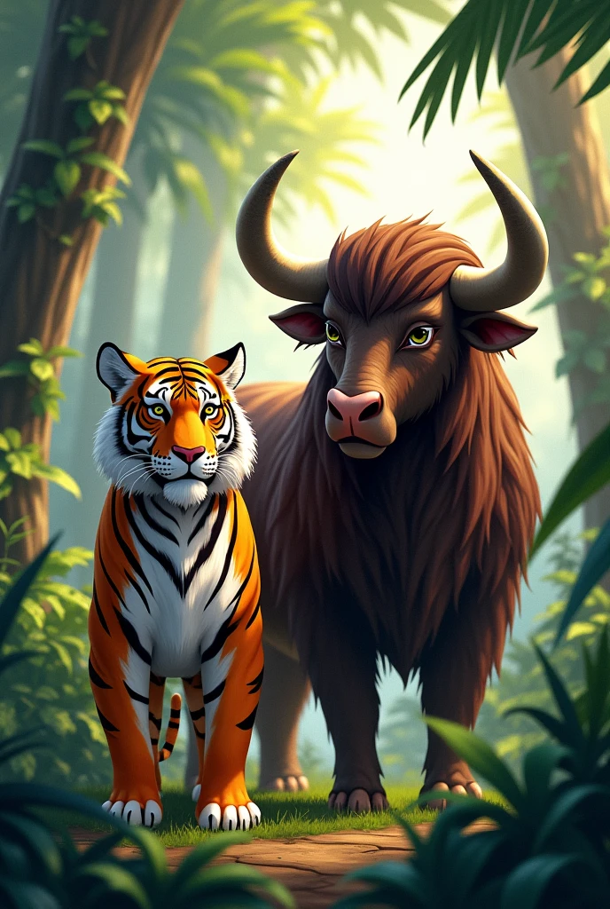 Tiger and yalk are standing in the jungle