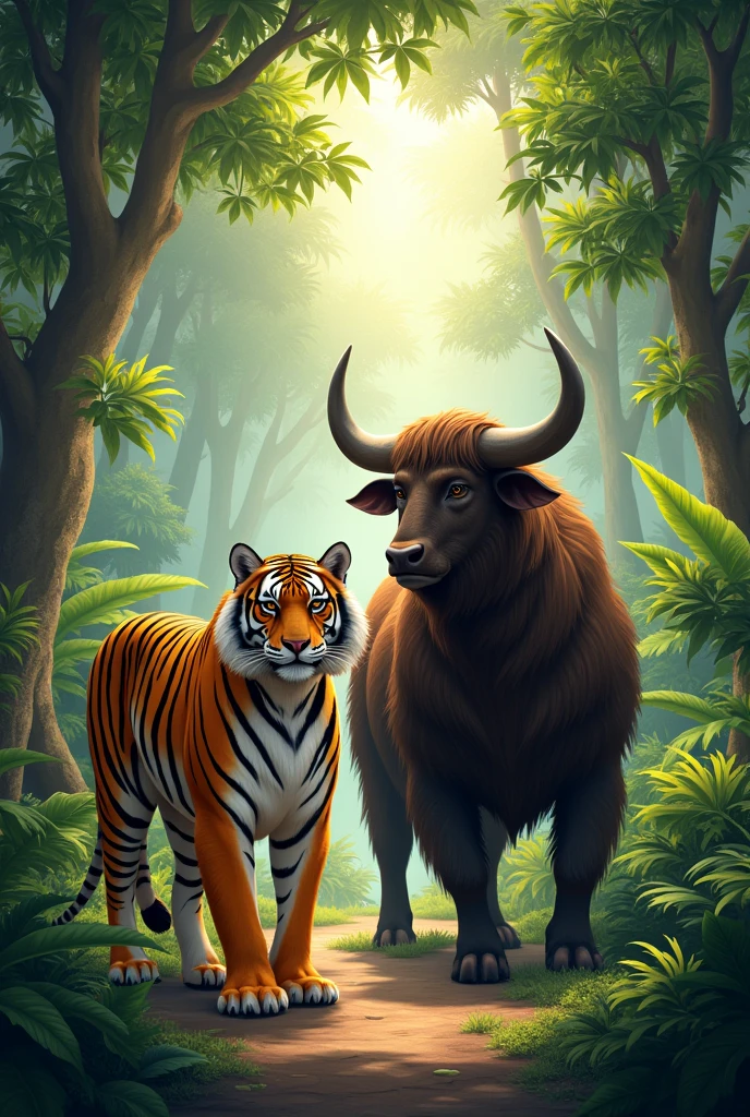 Tiger and yalk are standing in the jungle