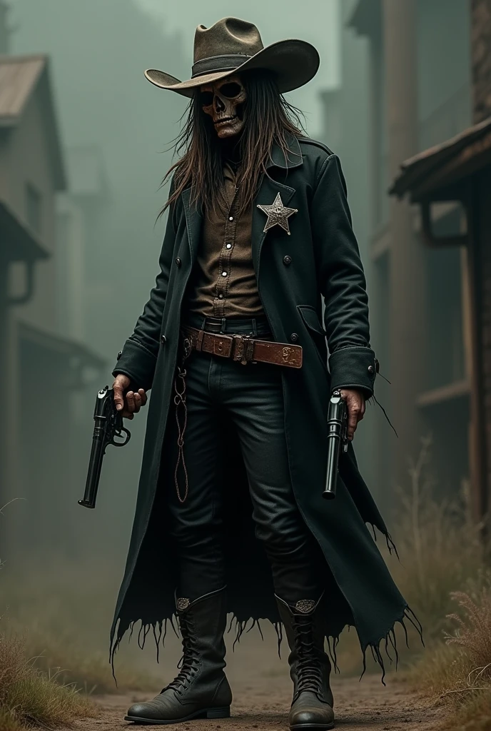 He is 1.80 meters tall, with long, greasy hair and a deteriorated cowboy hat on his head. His face appears to be a mix between human and undead, with a lifeless tone and a portion of his face missing. His eyes are black and empty. He wears a black trench coat with a sheriff's badge, dark pants, and boots, and carries a revolver in each hand. He is known as the Death of the Old West, exuding a heavy and dark energy that terrifies everyone he encounters.