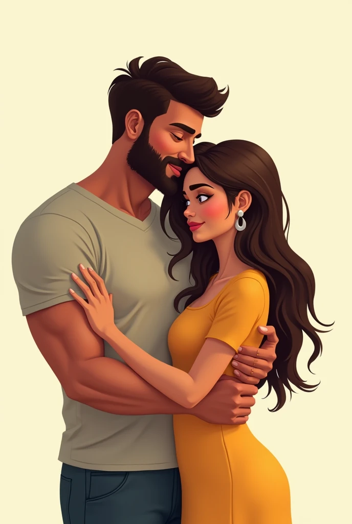 Picture of a man with a beard with a buy if muscles and a girl with dark brown hair. Skinny and light skinned hugging. They are both sri lankans semi realsitic cartoon. Nkt that muscular
