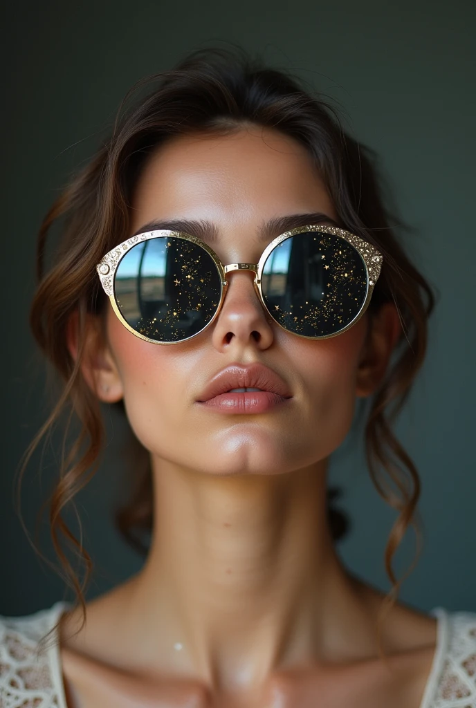 The model is wearing glass sunglasses with stars and the moon on the glass nude pussy